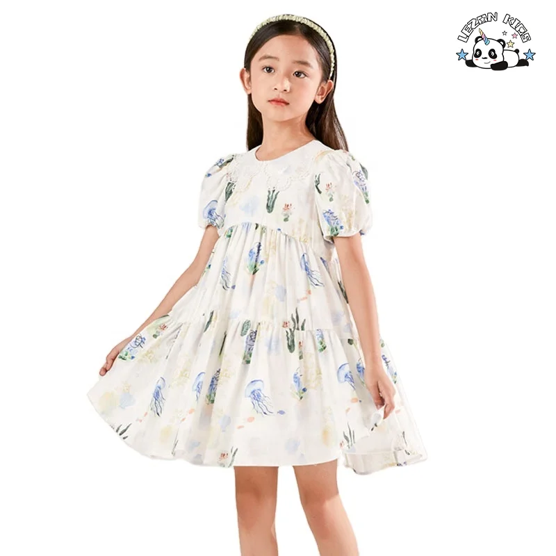 LEZONKIDS - Wholesale High Quality Children's Short Sleeve Dress 2023 Summer Puff Sleeve Floral Cotton Printed Dress for Girls